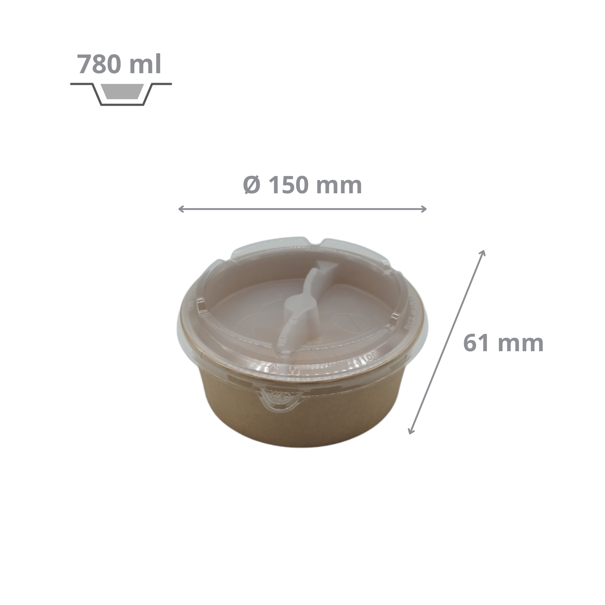 Pot salade en carton kraft brun 780 ml + insert 2 compartiment + couvercle RPET